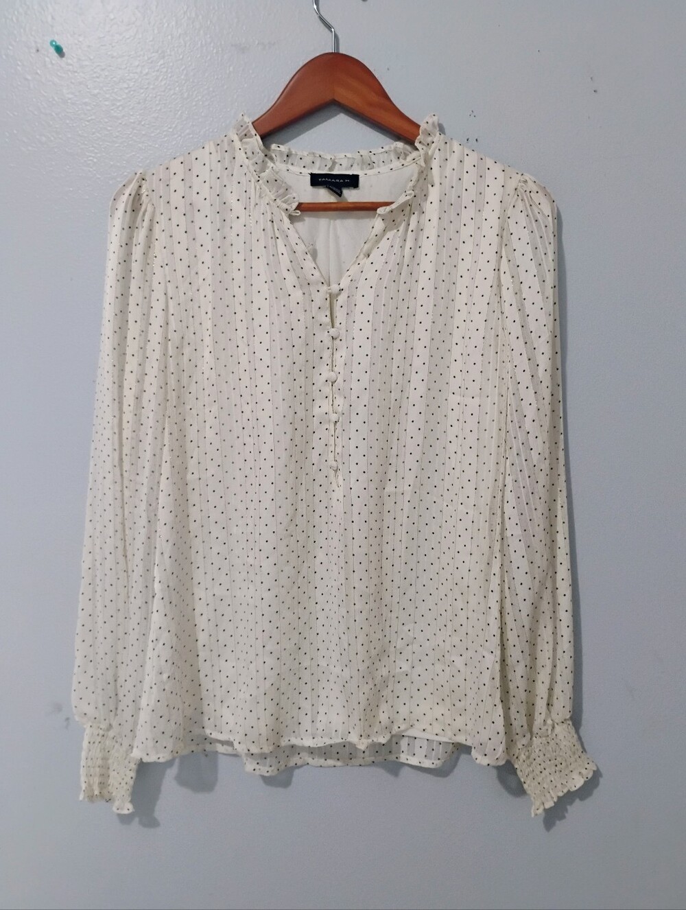 Light Cream Polka Dot With Gold Stripes Long-Sleeve Blouse - Women Tops